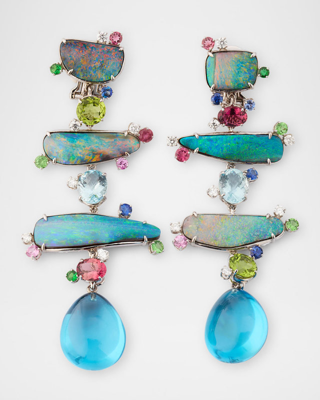 18K White Gold Totem Earrings with Australian Opals and Detachable Topaz Drops